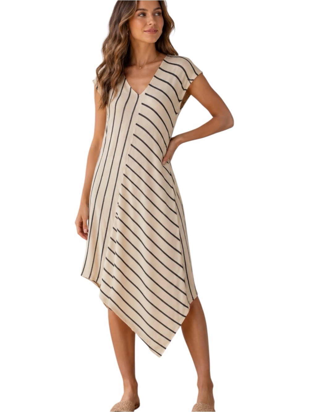 TAHARI Linen Blend Striped Asymmetrical Midi Dress Small Coastal